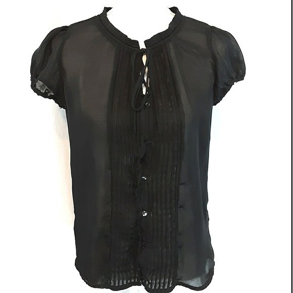 Zara Black Sheer Pleated Blouse Small Mandarin Neck Button Down Short Sleeve Top - Picture 2 of 6